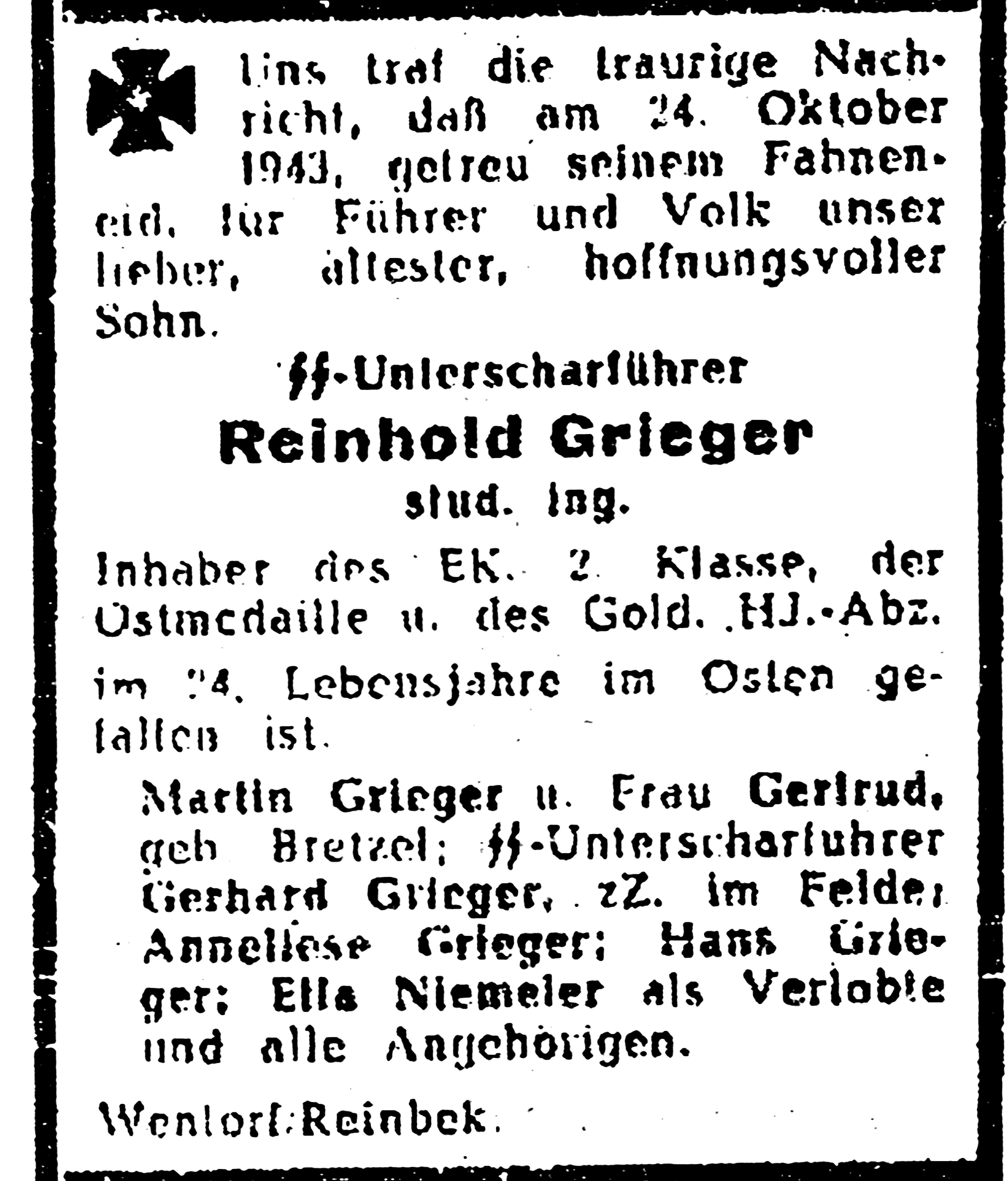 Trauernzeige für SS-Unterscharführer Reinhold Grieger. Aus: Das Schwarze Korps, Jg. 10, Nr. 16; 20.4.1944, S. 8.